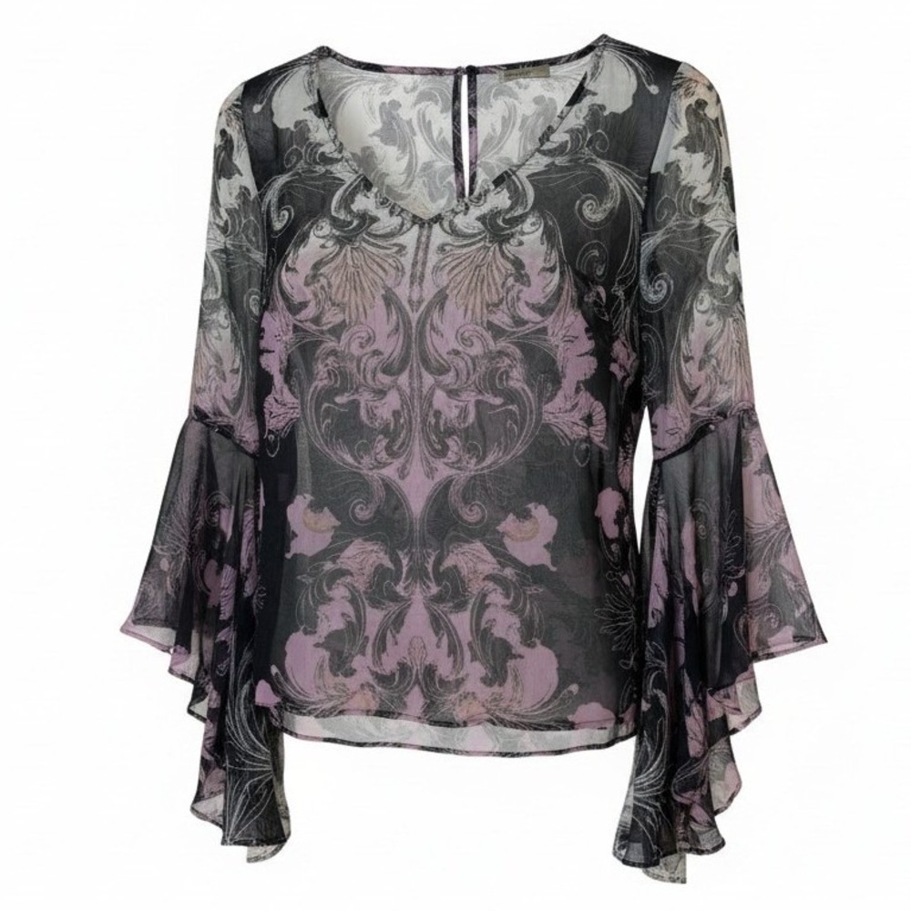 Boston Proper Women Blouse 2 Black Plum‎ Damask Bell Sleeve Whimsigoth Romantic - Picture 1 of 11